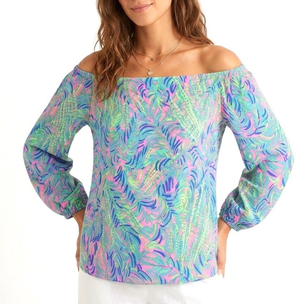 Lilly Pulitzer Adira Silk Off The‎ Shoulder Top Blue Green size Small